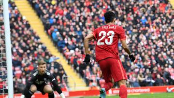 Liverpool's Colombian midfielder Luis Diaz looks to play a pass in the build-up to their second goal during the English FA Cup fourth round football match between Liverpool and Cardiff City at Anfield in Liverpool, north west England on February 6, 2022. (Photo by Paul ELLIS / AFP) / RESTRICTED TO EDITORIAL USE. No use with unauthorized audio, video, data, fixture lists, club/league logos or 'live' services. Online in-match use limited to 120 images. An additional 40 images may be used in extra time. No video emulation. Social media in-match use limited to 120 images. An additional 40 images may be used in extra time. No use in betting publications, games or single club/league/player publications. / 