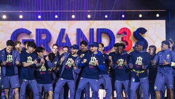 Ramon Juarez, Israel Reyes, Kevin Alvarez, Henry Martin, Diego Valdes, Jonathan Dos Santos during the celebration of the Team America Tri-Championship, Apertura 2023, Clausura 2024, Apertura 2024 of the BBVA MX League in the General Parking Lot of the Azteca Stadium, on January 19, 2025, Mexico City, Mexico.