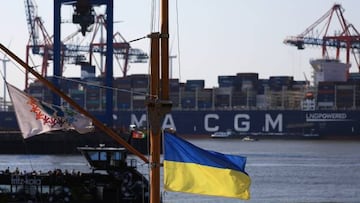 A Ukraine flag flying near the LNG Powered CMA CGM Montmartre container ship at the Port of Hamburg in Hamburg, Germany, on Wednesday, Aug. 24, 2022. Germany'slogistics problems are worsening an economic slowdown, with shallow rivers exposing fragile inland supply routes, an under-invested railway system that can't take on the extra capacity, and seaports that are still heaving with cargo. Photographer: Krisztian Bocsi/Bloomberg via Getty Images