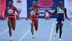 Javianne Oliver, Shelly-Ann Fraser Pryce y Christine Mboma, en Nairobi.