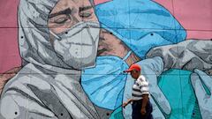 A man walks past a coronavirus-related mural, in Acapulco, Guerrero state, Mexico, on May 1, 2020. (Photo by FRANCISCO ROBLES / AFP)