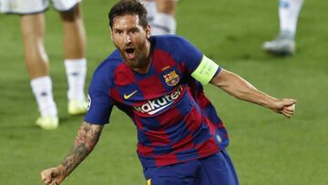 Barcelona's Lionel Messi celebrates after scoring his side's second goal during the Champions League round of 16, second leg soccer match between Barcelona and Napoli at the Camp Nou Stadium in Barcelona, Spain, Saturday, Aug. 8, 2020. (AP Photo
