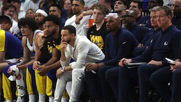 MINNEAPOLIS, MINNESOTA - MAY 14: Stephen Curry #30 of the Golden State Warriors watches from the bench against the Minnesota Timberwolves during the fourth quarter in Game Five of the Western Conference Second Round NBA Playoffs at Target Center on May 14, 2025 in Minneapolis, Minnesota. NOTE TO USER: User expressly acknowledges and agrees that, by downloading and or using this photograph, User is consenting to the terms and conditions of the Getty Images License Agreement. Ellen Schmidt/Getty Images/AFP (Photo by Ellen Schmidt / GETTY IMAGES NORTH AMERICA / Getty Images via AFP)