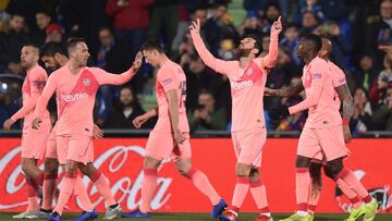 GETAFE, SPAIN - JANUARY 06: Lionel Messi of FC Barcelona celebrates after scoring his team's opening goal during the La Liga match between Getafe CF and FC Barcelona at Coliseum Alfonso Perez on January 06, 2019 in Getafe, Spain. (Photo by Denis Doy