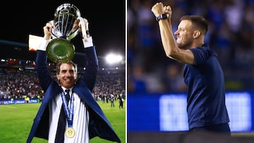 Guillermo Almada (izq) levanta el trofeo de campeón de Concacaf. Martín Anselmi (der) festeja un gol con Cruz Azul.