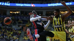 ERD06. ESTAMBUL (TURQU&Iacute;A), 18/04/2018.- El jugador del Baskonia Ilimane Diop (i) lucha por el bal&oacute;n con Jason Thompson, del Fenerbahce, durante el partido de Euroliga entre el Fenerbahce Dogus y Baskonia Vitoria Gasteiz celebrado hoy, 18 de abril de 2018, en Estambul (Turqu&iacute;a). EFE/ Erdem Sahin