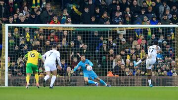 NORWICH, ENGLAND - MARCH 05: Tim Krul of Norwich City fails to save the Brentford third goal a penalty scored by Ivan Toney of Brentford during the Premier League match between Norwich City and Brentford at Carrow Road on March 05, 2022 in Norwich, Englan