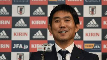 Newly-appointed Japan national football team head coach Hajime Moriyasu speaks during a press conference in Tokyo on July 26, 2018. / AFP PHOTO / Toshifumi KITAMURA