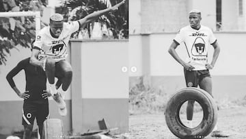 V&iacute;ctor Osimhen presume la camiseta de Pumas en entrenamiento