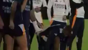 Mbappé uses Alaba’s back to tie his shoes in hilarious training moment