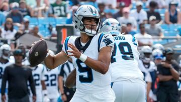 Aug 12, 2023; Charlotte, North Carolina, USA; Carolina Panthers quarterback Bryce Young (9) passes during the first quarter against the New York Jets at Bank of America Stadium. Mandatory Credit: Jim Dedmon-USA TODAY Sports