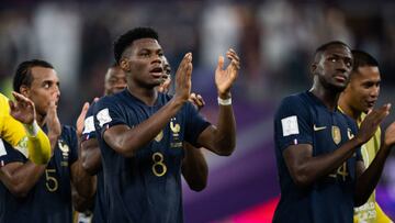 DOHA, QATAR - NOVEMBER 26: Aurelien Tchouameni (L) of France shows appreciation to the fans after the FIFA World Cup Qatar 2022 Group D match between France and Denmark at Stadium 974 on November 26, 2022 in Doha, Qatar. (Photo by Marvin Ibo Guengoer - GES Sportfoto/Getty Images)