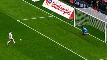 Morocco's forward #10 Brahim Diaz kicks the ball to miss a penalty during the Africa Cup of Nations (CAN) final football match between Senegal and Morocco at the Prince Moulay Abdellah Stadium in Rabat on January 18, 2026. (Photo by Paul ELLIS / AFP)
