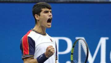 Spain's Carlos Alcaraz celebrates during his 2021 US Open Tennis tournament men's singles third round match against Greece's Stefanos Tsitsipas at the USTA Billie Jean King National Tennis Center in New York, on September 3, 2021. (Photo by