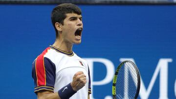 Spain&#039;s Carlos Alcaraz celebrates during his 2021 US Open Tennis tournament men&#039;s singles third round match against Greece&#039;s Stefanos Tsitsipas at the USTA Billie Jean King National Tennis Center in New York, on September 3, 2021. (Photo by