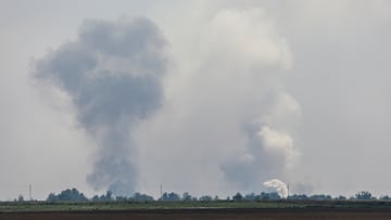 A view shows smoke rising above the area following an alleged explosion in the village of Mayskoye in the Dzhankoi district, Crimea, August 16, 2022. REUTERS/Stringer