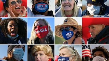 (COMBO) This combination of pictures created on November 01, 2020 shows supporters of US President Donald Trump and Democratic presidential candidate Joe Biden during various campaign rallies in key states between October 29-31, 2020. - Trump was visiting