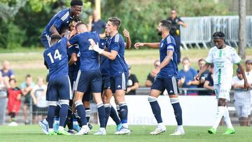 Logan DELAURIER CHAUBET of Girondins de Bordeaux and Sekou MARA of Girondins de Bordeaux during the Friendly match between Saint Etienne and Bordeaux on July 20, 2022 in Vichy, France. (Photo by Franco Arland/Icon Sport via Getty Images)