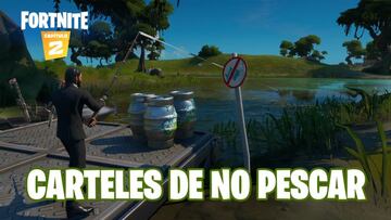 Fortnite Cap&iacute;tulo 2 - Temporada 1 | Desaf&iacute;o de Cameo vs. Chic: atrapa un objeto con una ca&ntilde;a de pescar en distintas ubicaciones con carteles de No pescar