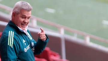 The head coach of the Mexican Football Selection, Javier Aguirre, gestures at the Akron stadium stands after a press conference to present the match that the Mexican National Soccer Team will play in against the United States National in Zapopan, Jalisco State, Mexico, on August 19, 2024. The Mexico Football team will play against the United States Football team on October 15, 2024, in Guadalajara, Mexico. (Photo by ULISES RUIZ / AFP)
