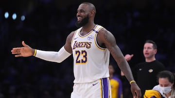 Dec 15, 2024; Los Angeles, California, USA; Los Angeles Lakers forward LeBron James (23) reacts in the first half against the Memphis Grizzlies at Crypto.com Arena. Mandatory Credit: Kirby Lee-Imagn Images