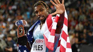 US athlete Noah Lyles celebrates after victory in the men's 100m final during the Diamond League athletics meeting at Stadion Letzigrund stadium in Zurich on September 8, 2022. (Photo by Fabrice COFFRINI / AFP)
