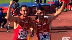 Los atletas Sub-23 Asier Mart&iacute;nez y Enrique Llopis tras ganar la medalla de oro y de bronce, respectivamente, en el Europeo de Tallin (Estonia).