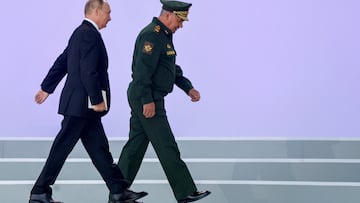 Russian President Vladimir Putin and Defence Minister Sergei Shoigu attend a ceremony opening the international military-technical forum Army-2022 at Patriot Congress and Exhibition Centre in the Moscow region, Russia August 15, 2022. REUTERS/Maxim Shemetov