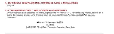 Según el acta, Roig bajó a los vestuarios y le dijo al árbitro "te has equivocado"