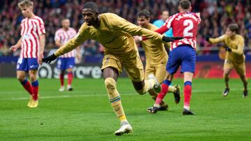 MADRID, SPAIN - JANUARY 08: Ousmane Dembele of FC Barcelona celebrates after scoring the team's first goal during the LaLiga Santander match between Atletico de Madrid and FC Barcelona at Civitas Metropolitano Stadium on January 08, 2023 in Madrid, Spain. (Photo by Angel Martinez/Getty Images)