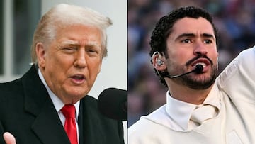 Esta combinación de imágenes muestra al presidente de los Estados Unidos, Donald Trump, hablando durante una ceremonia de la Casa Blanca en Washington, D.C., el 25 de noviembre de 2025. Y el cantante puertorriqueño Bad Bunny actúa durante el espectáculo de medio tiempo de Apple Music del Super Bowl LX Patriots vs Seahawks en el Levi's Stadium de Santa Clara, California, el 8 de febrero de 2026.