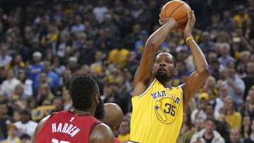 January 3, 2019; Oakland, CA, USA; Golden State Warriors forward Kevin Durant (35) shoots the basketball against Houston Rockets guard James Harden (13) during the fourth quarter at Oracle Arena. Mandatory Credit: Kyle Terada-USA TODAY Sports