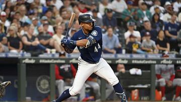 SEATTLE, WASHINGTON - AUGUST 23: Julio Rodriguez #44 of the Seattle Mariners bats during the fourth inning against the Washington Nationals at T-Mobile Park on August 23, 2022 in Seattle, Washington.   Alika Jenner/Getty Images/AFP
== FOR NEWSPAPERS, INTERNET, TELCOS & TELEVISION USE ONLY ==