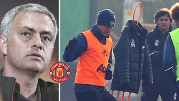 Mourinho, en rueda de prensa, y Bastian Schweinsteiger, el pasado lunes en el entrenamiento del Manchester United bajo la mirada de Rui Faria.