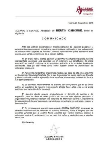 Comunicado emitido por Bertín Osborne