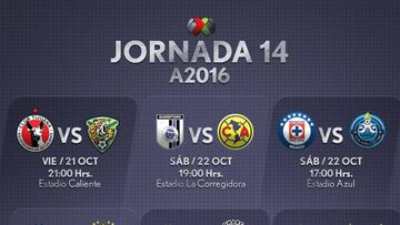 Fechas y horarios de la Jornada 14 del Apertura 2016 en la Liga MX