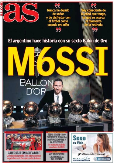 ‘M6ssi’. Leo Messi grabó en oro otra página más de la historia del fútbol, convirtiéndose en el futbolista que más Balones de Oro ha ganado, por delante de Cristiano Ronaldo, su más inmediato perseguidor.