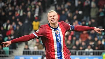 Norway's forward #09 Erling Braut Haaland celebrates after scoring a goal during the UEFA Nations League, League B, Group 3 football match between Slovenia and Norway, at the Stozice Stadium in Ljubljana, on November 14, 2024. (Photo by Jure Makovec / AFP)