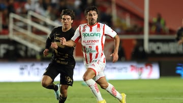  (L-R, Santiago trigos of Pumas and Vicente Poggi of Necaxa during the game Necaxa vs Pumas UNAM, corresponding to Round 07 of the Torneo Clausura 2023 of the Liga BBVA MX, at Victoria Stadium, on February 15, 2023.

<br><br>

(I-D), Santiago Trigos de Pumas y Vicente Poggi de Necaxa  durante el partido Necaxa vs Pumas UNAM, Correspondiente a la Jornada 07 del Torneo Clausura 2023 de la Liga BBVA MX, en el Estadio Victoria, el 15 de Febrero de 2023.