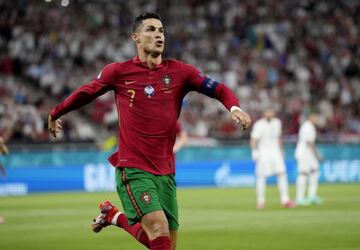 Soccer Football - Euro 2020 - Group F - Portugal v France - Puskas Arena, Budapest, Hungary - June 23, 2021 Portugal's Cristiano Ronaldo celebrates scoring their first goal.