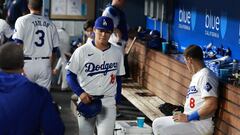Apr 19, 2024; Los Angeles, California, USA;  Los Angeles Dodgers pitcher Yoshinobu Yamamoto (18) walks in the dugout during the third inning against the New York Mets at Dodger Stadium. Mandatory Credit: Kiyoshi Mio-USA TODAY Sports