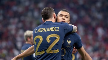 AL KHOR, QATAR - DECEMBER 14: Theo Hernandez of France celebrates scoring the opening goal with Kylian Mbappe of France during the FIFA World Cup Qatar 2022 semi final match between France and Morocco at Al Bayt Stadium on December 14, 2022 in Al Khor, Qatar. (Photo by Sebastian Frej/MB Media/Getty Images)