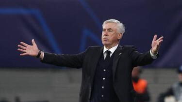 Real Madrid's Italian coach Carlo Ancelotti reacts during the UEFA Champions League Group F football match between RB Leipzig and Real Madrid CF in Leipzig, eastern Germany on October 25, 2022. (Photo by Ronny HARTMANN / AFP) (Photo by RONNY HARTMANN/AFP via Getty Images)