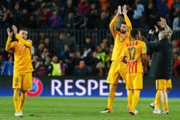 Barcelona's Jordi Alba, Gerard Pique, the returning Rafinha and Andres Iniesta acknowledge the crowd following their win.