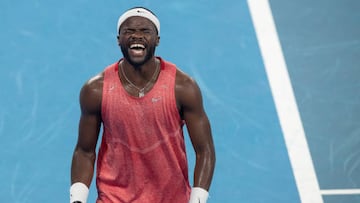 SYDNEY, AUSTRALIA - JANUARY 04: Frances Tiafoe of the United States celebrates winning his City Final match against Daniel Evans of Great Britain and and putting his country in the semi-finals during day seven of the 2023 United Cup at Ken Rosewall Arena on January 04, 2023 in Sydney, Australia. (Photo by Steve Christo - Corbis/Corbis via Getty Images)