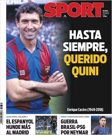 Portada de Sport del 28 de febrero de 2018 en honor a Enrique Castro 'Quini'