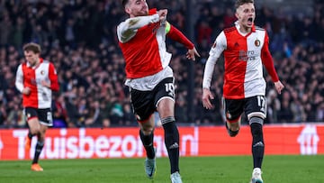 ROTTERDAM, NETHERLANDS - MARCH 16: Orkun Kokcu of Feyenoord celebrating scoring his sides second goal during the UEFA Europa League Round of 16 - Leg Two match between Feyenoord and Shakhtar Donetsk at Stadion Feijenoord de Kuip on March 16, 2023 in Rotterdam, Netherlands (Photo by Ben Gal/BSR Agency/Getty Images)