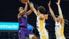 Jul 5, 2022; San Francisco, CA, USA; Sacramento Kings forward Keegan Murray (13) shoots against Los Angeles Lakers guards Javante McCoy (46) and Scotty Pippen Jr. (1) during the third quarter at the California Summer League at Chase Center Mandatory Credit: Darren Yamashita-USA TODAY Sports