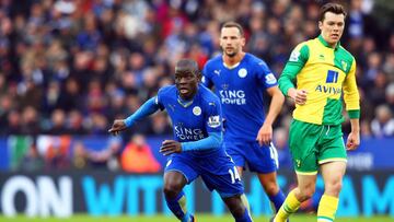 Leicester City&#039;s N&#039;golo Kante (L) in action against Norwich City. 