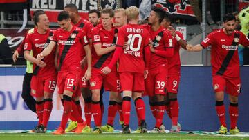 Soccer Football - Bundesliga - Bayer Leverkusen vs Cologne - BayArena, Leverkusen, Germany - October 28, 2017 Bayer Leverkusen's Sven Bender celebrates scoring their second goal with team mates REUTERS/Wolfgang Rattay DFL RULES TO LIMIT THE ONLINE USAGE DURING MATCH TIME TO 15 PICTURES PER GAME. IMAGE SEQUENCES TO SIMULATE VIDEO IS NOT ALLOWED AT ANY TIME. FOR FURTHER QUERIES PLEASE CONTACT DFL DIRECTLY AT + 49 69 650050